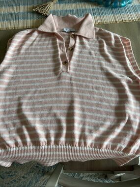 Ann Taylor Striped Polo V-Neck Sweater in Light Pink and White